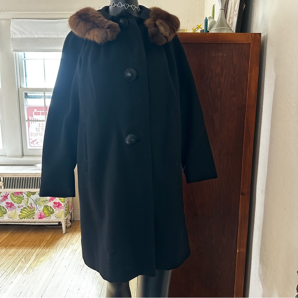 Classic Black Wool Coat with Brown Fur Collar designed by Michel Daniel